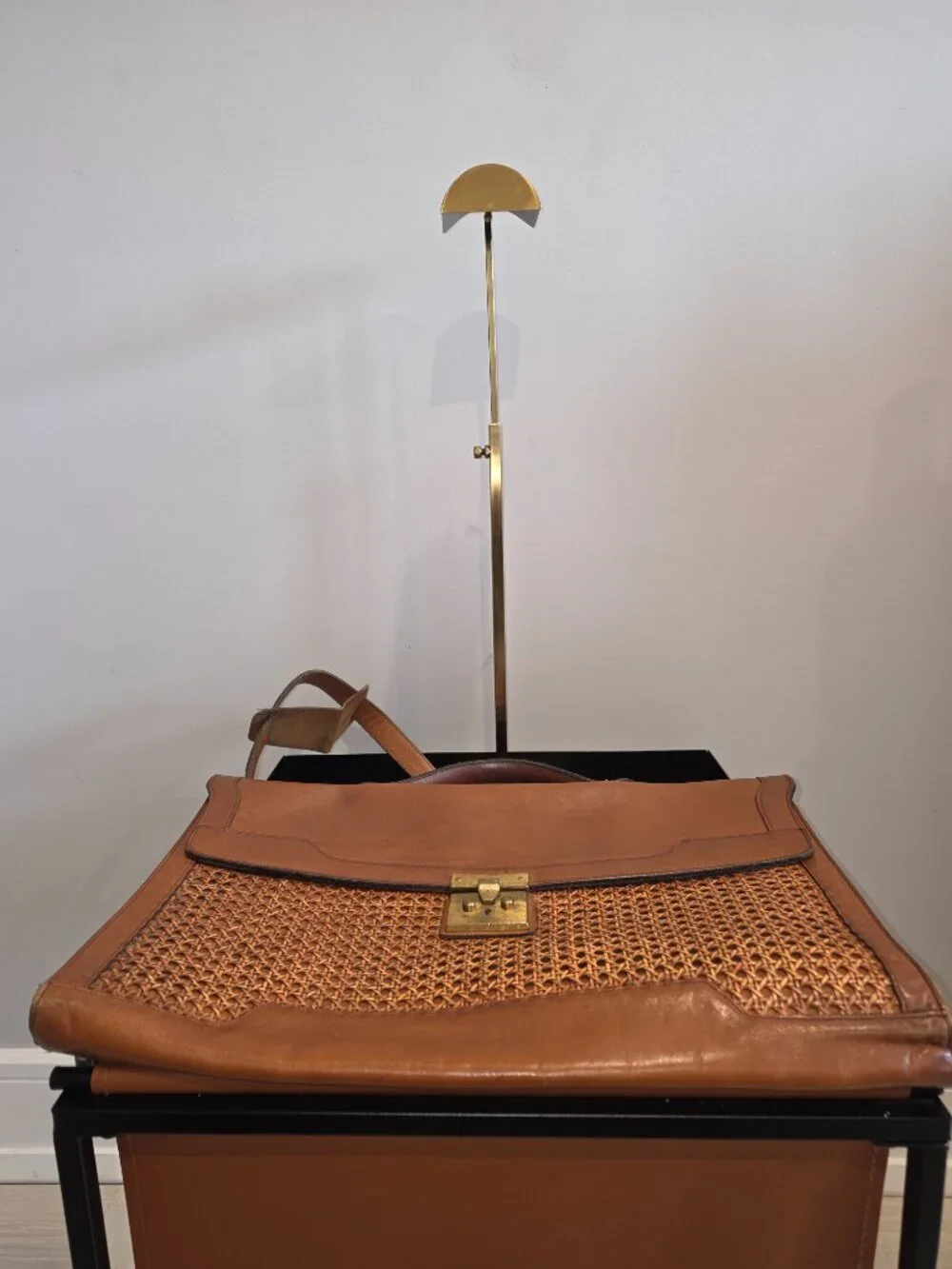 Vintage leather and woven wicker-accented business briefcase